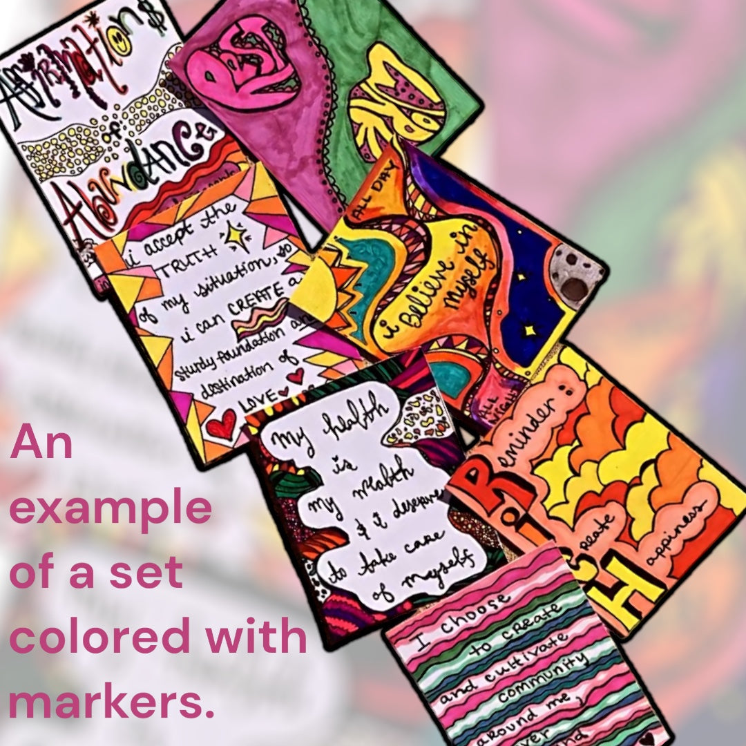 Affirmations of Abundance, Set of 6 Coloring Note-Cards with Positive Mantras with Beneficial Actionable Steps