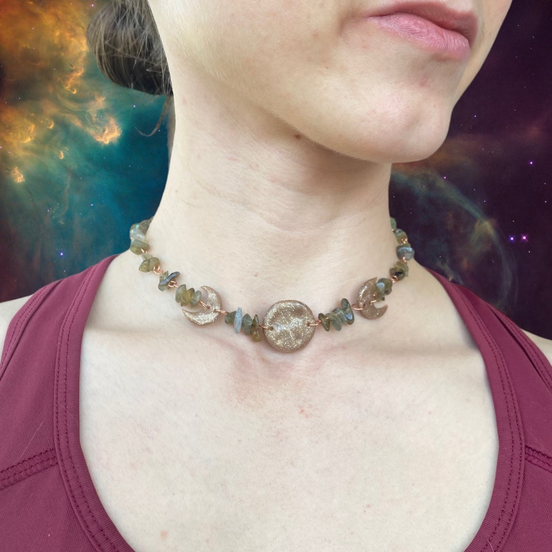 Moon Phase, Labradorite Necklace - Adjustable Collar/Choker Length (13.5"-15")