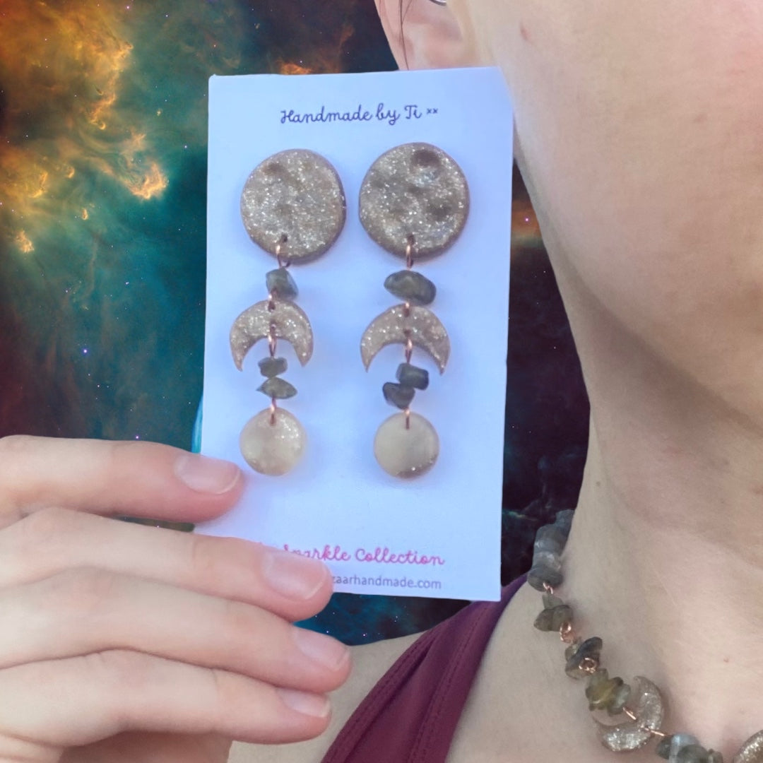 Raveness,,Moon phase, Leather Tassle, buy Labadorite, Silver Earrings.