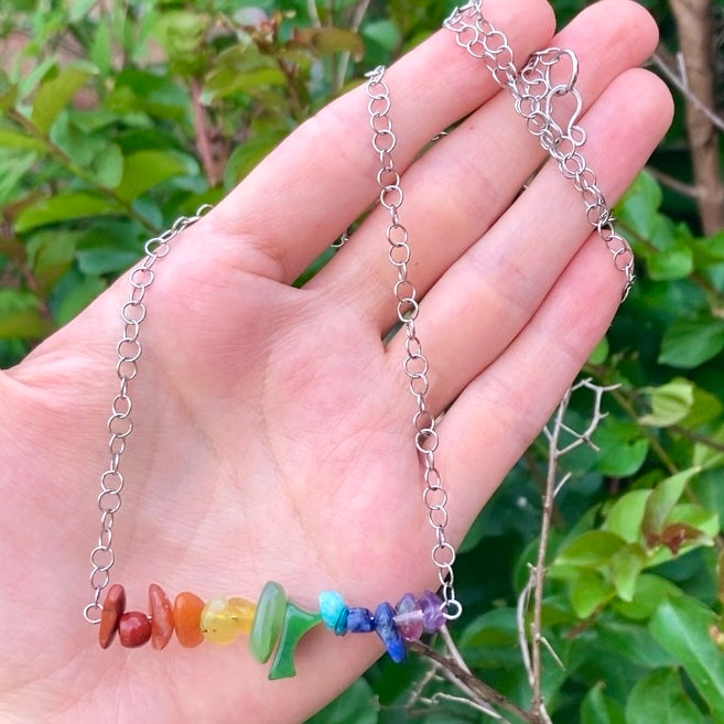 7 Chakra, Rainbow Crystal Necklace with Stainless Steel Chain