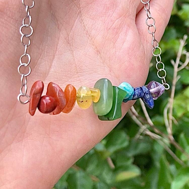 7 Chakra, Rainbow Crystal Necklace with Stainless Steel Chain